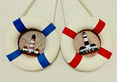 DRH - Set of Two Red and Blue Life Ring with Nautical Rope and Lighthouse Embedded on Nautical Map - Bright Nautical Rope Decor Wall Hanging - Wall Decor Buoy Gift for Sea Lovers - 5.5 inches - DRH Nauticals