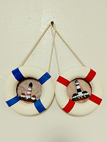 DRH - Set of Two Red and Blue Life Ring with Nautical Rope and Lighthouse Embedded on Nautical Map - Bright Nautical Rope Decor Wall Hanging - Wall Decor Buoy Gift for Sea Lovers - 5.5 inches - DRH Nauticals