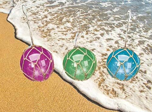 DRH - Set of Three Japanese Fishing Glass Buoy - Glass Float Ball with LED Light - Bright Nautical Decor Roped Net Floats - Hanging Nautical Glass Buoy Gift for Sea Lovers - 5 inches - DRH Nauticals