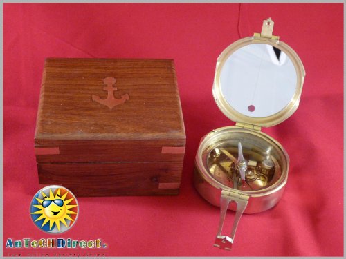 Solid Brass Brunton Pocket Style Compass W/ Wooden Box - Nautical Collection - DRH Nauticals