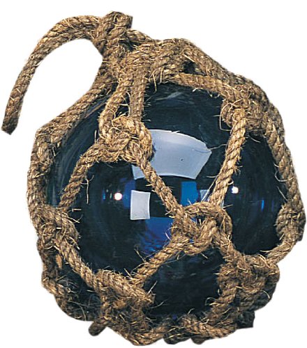 5 Inch Dia Blue Nautical Glass Japanese Fishing Float in Brown Net Hanging Decoration - DRH Nauticals