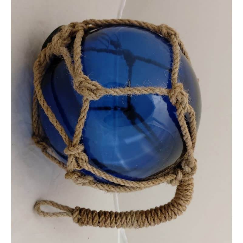 8" Blue Nautical Glass Japanese Fishing Float - Glass Float Ball - Nautical Buoy with Brown Roped Net