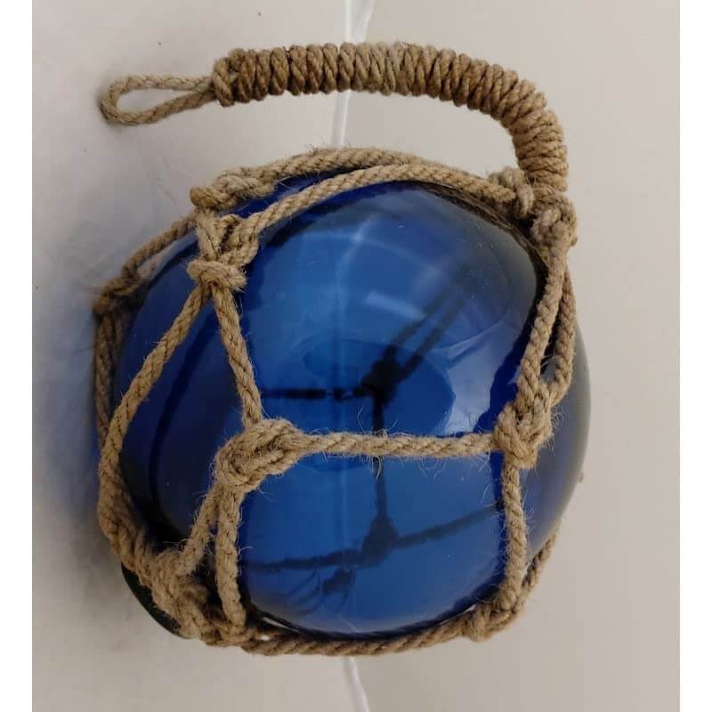 8" Blue Nautical Glass Japanese Fishing Float - Glass Float Ball - Nautical Buoy with Brown Roped Net