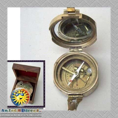 Solid Brass Brunton Pocket Style Compass W/ Wooden Box - Nautical Collection - DRH Nauticals