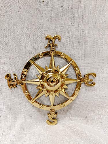 DRH Small Brass Compass Rose Nautical Wall Plaque - Nautical Beach House Wall Art - Wall Medallion - Decorative Round Wall Décor - Brass Farmhouse Decor Indoor or Outdoor Sign - DRH Nauticals