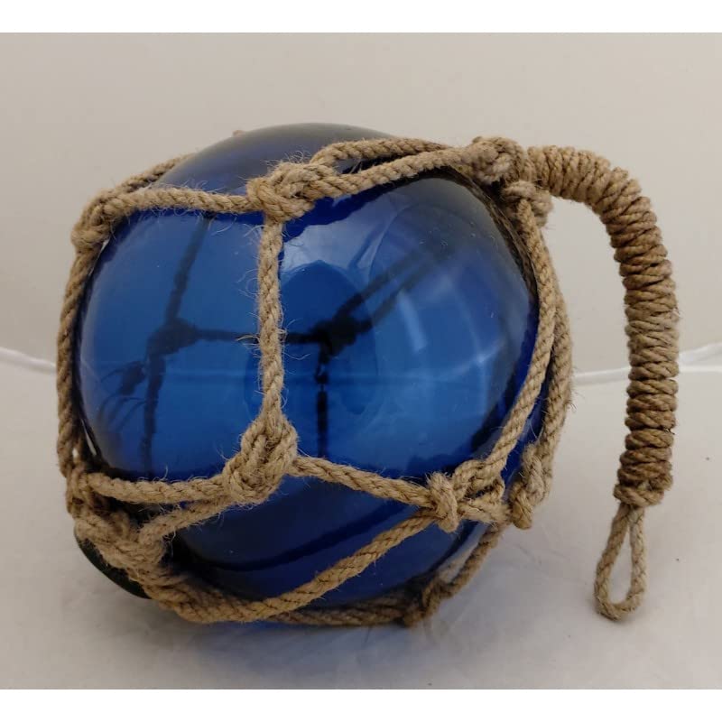 12" Blue Nautical Glass Japanese Fishing Float - Glass Float Ball - Hanging Nautical Decor with Brown Roped Net