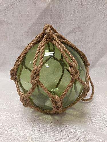 DRH Collectibles - Green Japanese Fishing Glass Buoy Large - Aqua Glass Float Ball with LED Light - Bright Nautical Decor with Roped Net Floats - Perfect Hanging Nautical Glass Buoy Gift - 5 inches - DRH Nauticals