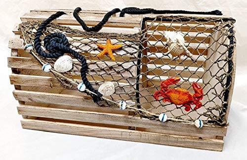 DRH Decorative Lobster Trap Decor – Well crafted Distressed Wood - Features Fishnet, Seashells Crab starfish - Nautical Decorations for Home, Boats and Beach House - Decorative Crab Trap Gift Box - DRH Nauticals