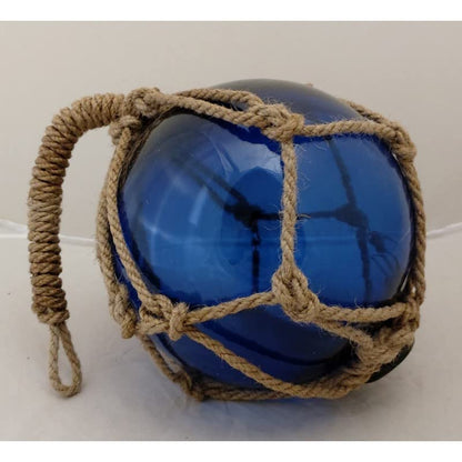 DRH - Blue Nautical Glass Japanese Fishing Float - Glass Float Ball - Bright Nautical Decor with Brown Roped Net - Hanging Decoration Nautical Glass Buoy Gift for Art Lovers (5")