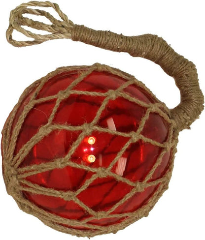 DRH - Red Nautical Glass Japanese Fishing Float - Glass Float Ball - Nautical Decor with Brown Roped Net - Tiki Decoration Nautical Fish Net Buoy - Gift for Art Lovers (5")