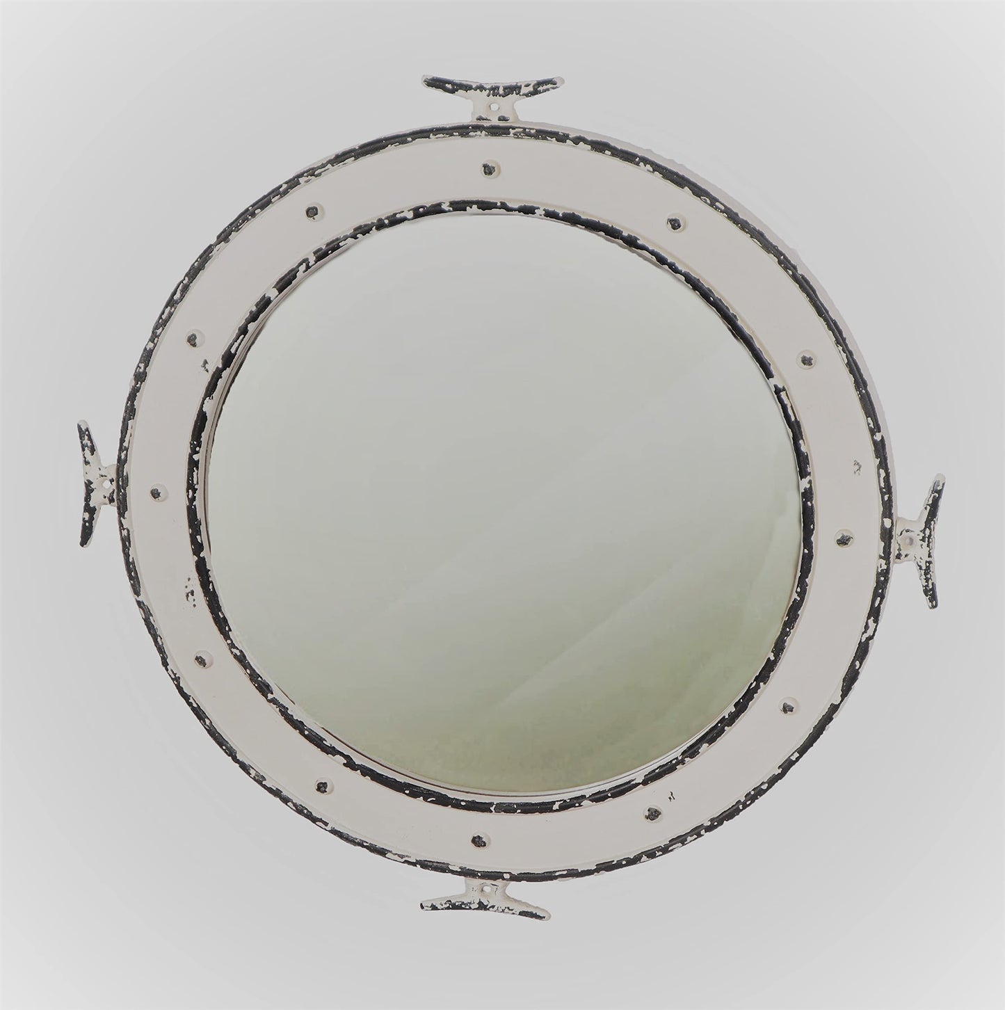 28" Distressed Wooden Porthole Mirror with Cleat Nautical Decoration - Antique Rustic Porthole