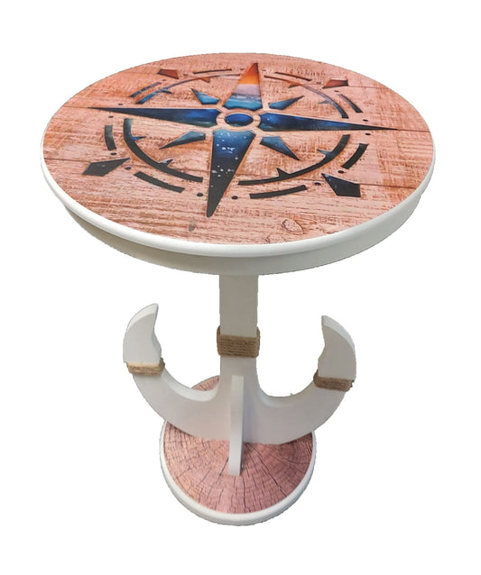 Nautical Compass Rose Accent Table Solid Wood with Sturdy Anchor Legs Coffee & End Tables