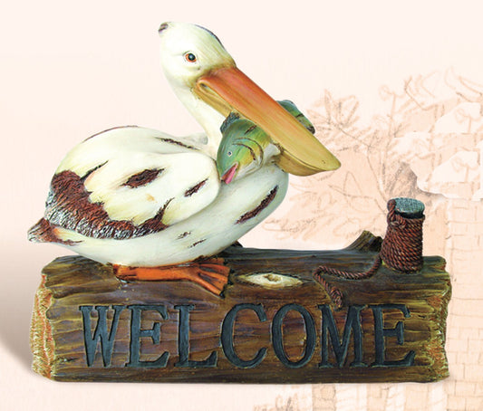 Pelican w/ Fish on Welcome Log Nautical Decoration