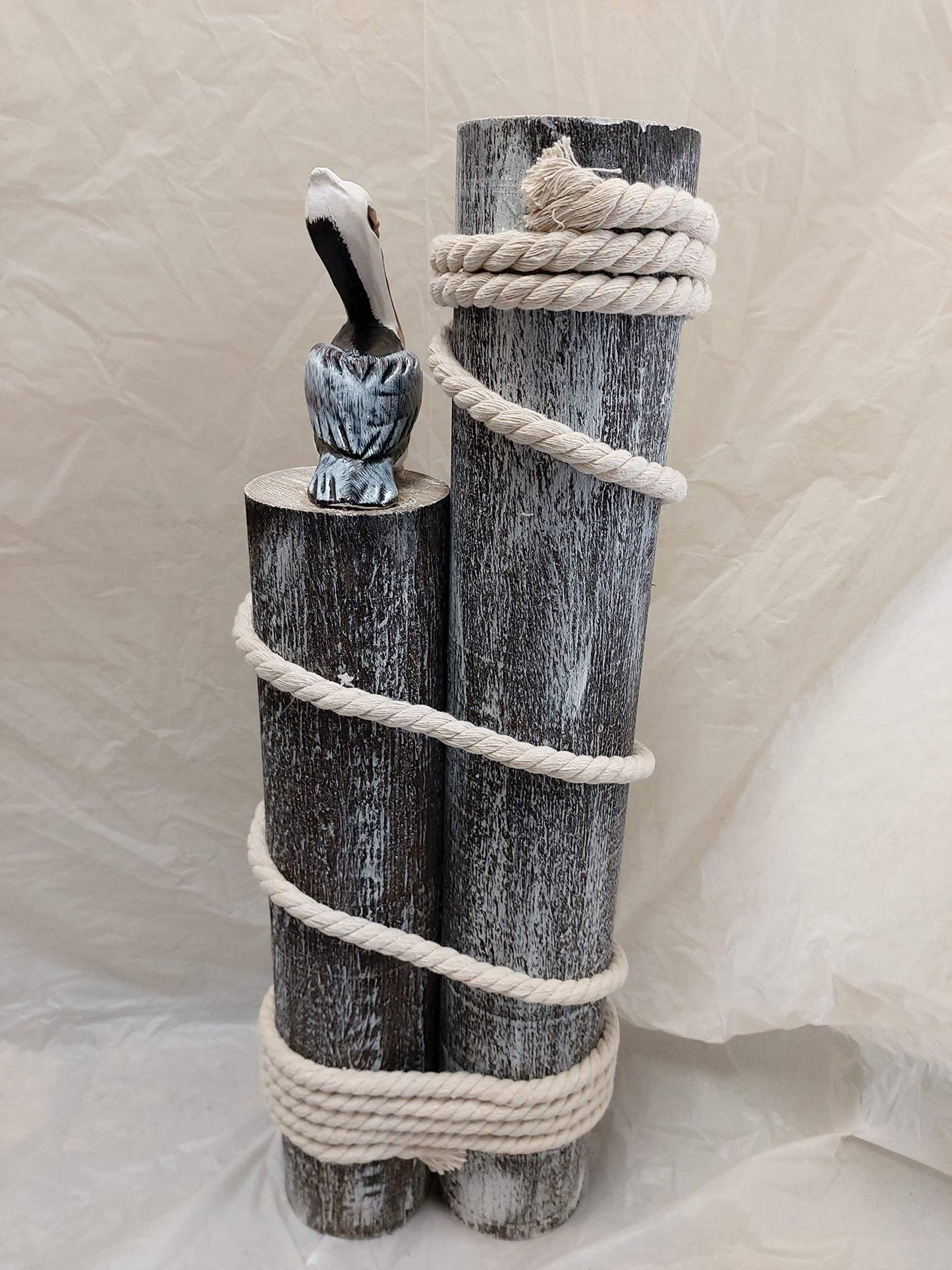 DRH Collectibles -Set of Three Wood Nautical Pilings with Pelican & Fisherman's Rope